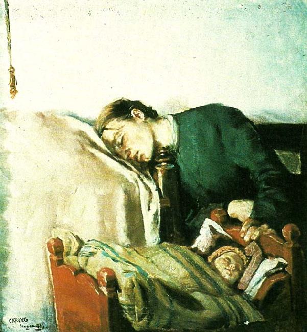 Christian Krohg sovende mor ved sit barns vugge oil painting picture